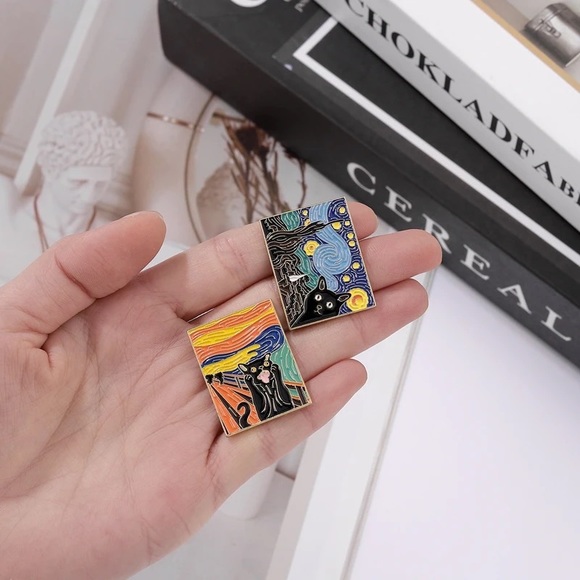 Van Gogh Black Cat Enamel Metal Pin Starry Night Painting Kitty Art History Gift - Picture 6 of 9